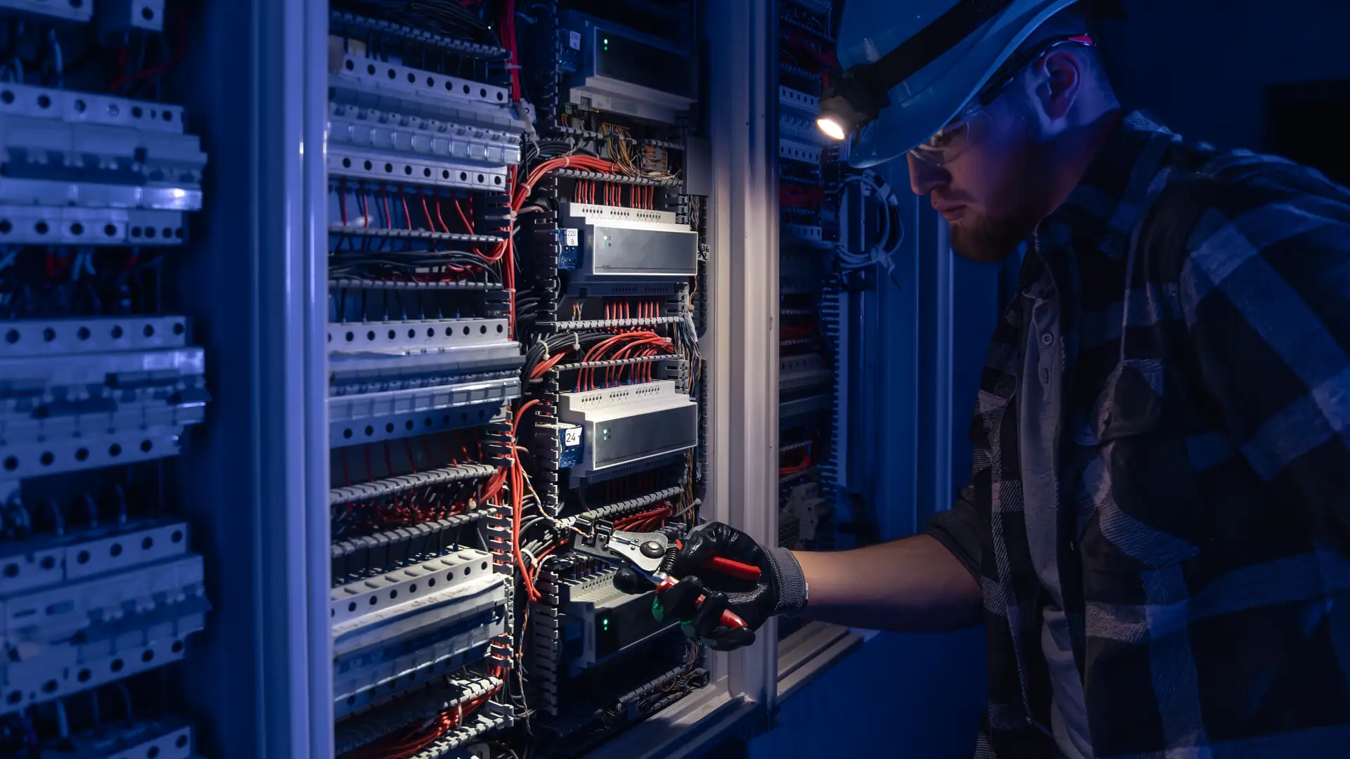 Elektriker von ADM Elektro bei der Arbeit an einem Schaltschrank