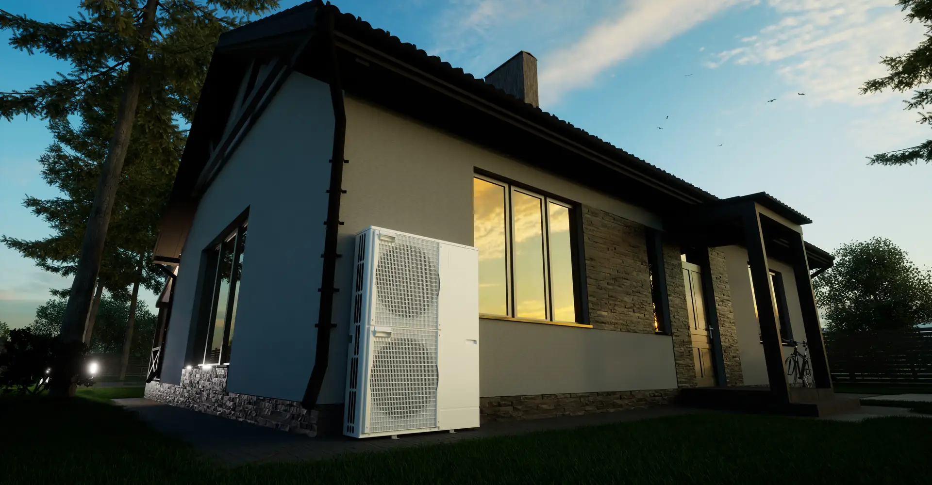 Wärmepumpe an einem Wohnhaus in der Dämmerung