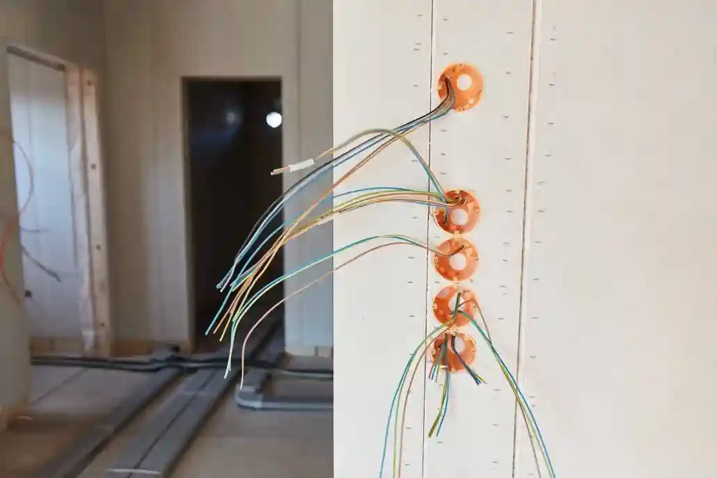 Arbeiten an einer Elektroanlage. Verteilung mit Drähten. 