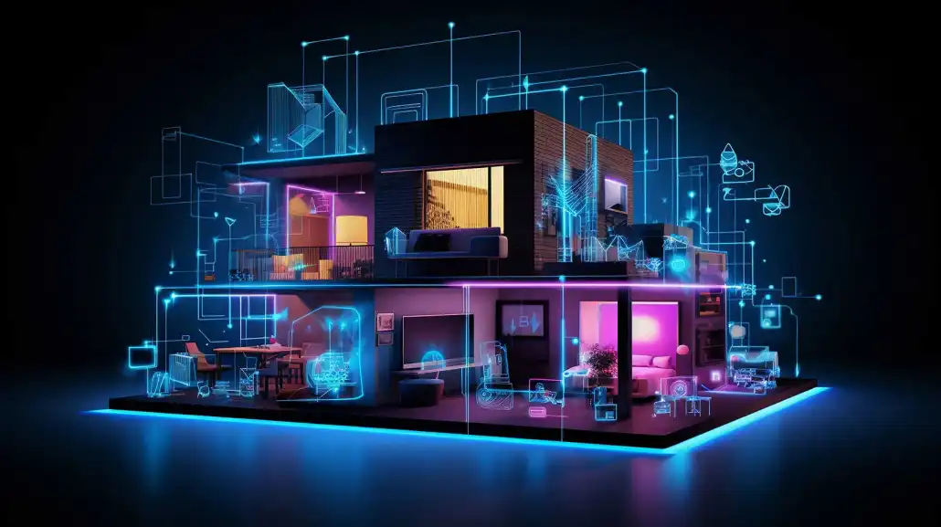 Abstrakte Zeichnung eines Modernen Hauses mit KI und Smart Home