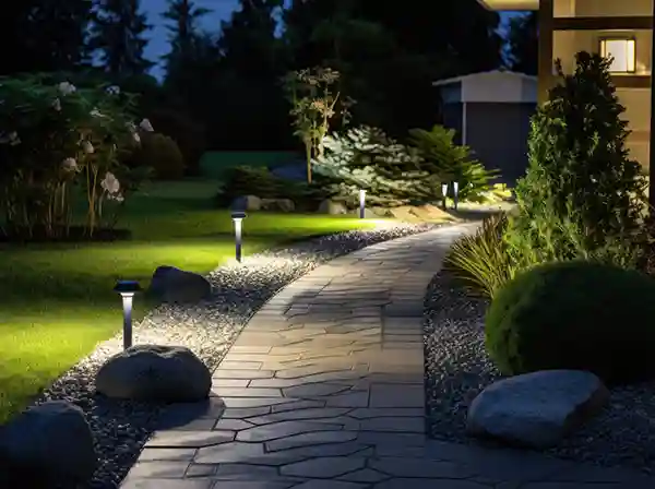 Gartenbeleuchtung Lampen an einem Gartenweg hin zum Haus